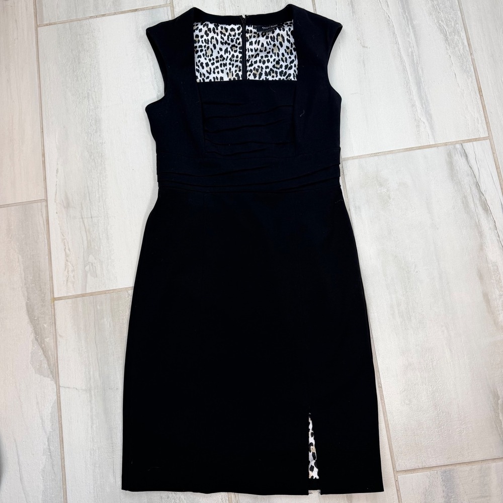 White House Black Market Black Pleated Sheath Dress Leopard Lining Size 6
